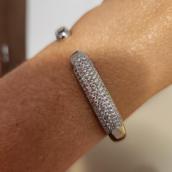 Neiman Marcus 14K White Gold Plated Cubic Zirconia Pave Bangle Cuff Bracelet - Picture 4 of 6